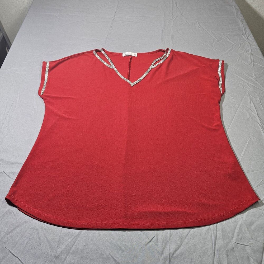 89th + Madison Blouse Womens Large Red Stretch Rhinestone V Neck Cap Sleeve
